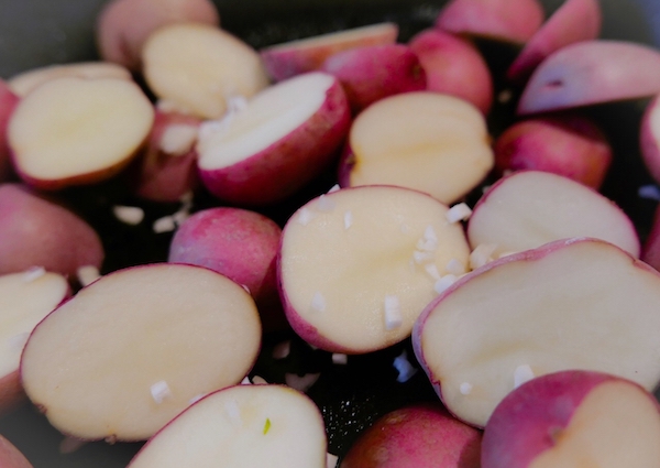 Throw the diced garlic on the Oregon red potatoes