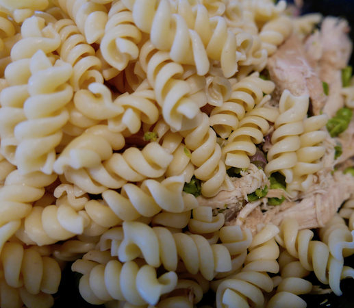 noodles, chicken, and peas for chicken bowl